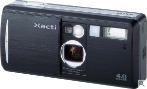 Sanyo's Xacti DSC-J4 digital camera. Courtesy of Sanyo, with modifications by Michael R. Tomkins. Click for a bigger picture!