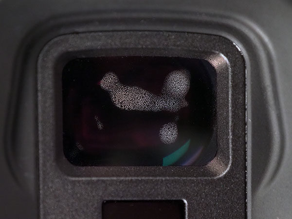 Canon EOS R Review -- Close-up of electronic viewfinder eyepiece showing condensation after testing.