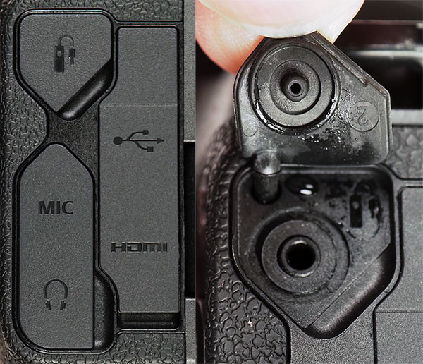 Canon EOS R Review -- At left, the array of port covers on the EOS R. At right, a closeup of the remote port cover and flap.