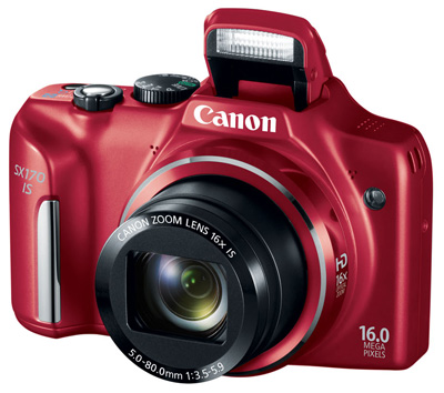 Canon SX170 Review -- Red body with flash deployed