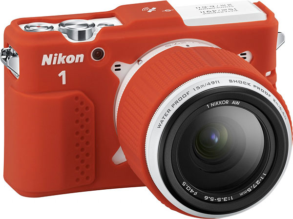 Nikon AW1 Review -- Front view with optional orange silicone rubber skin