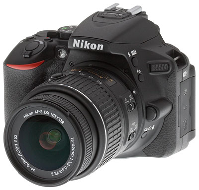Nikon D5500 Review -- Front quarter view with 18-55mm lens mounted