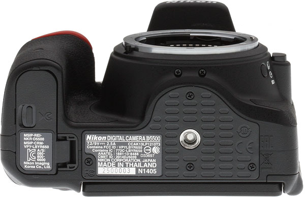Nikon D5500 Review -- Bottom view of the camera without a lens