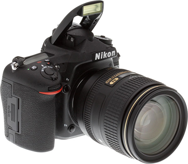 Nikon D750 review -- front left view with flash deployed