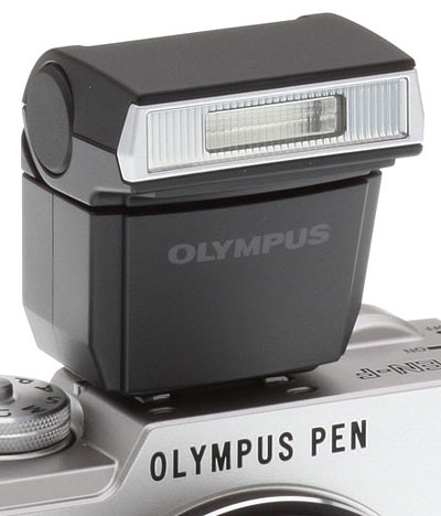 Olympus PEN-F Review -- Olympus FL-LM3 bundled flash mounted