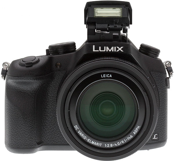 Panasonic FZ1000 Review -- front view, flash deployed