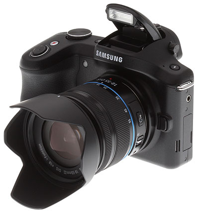 Samsung Galaxy NX Review -- front right with flash