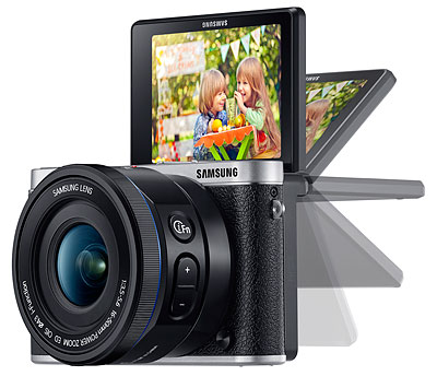 Samsung NX3000 Review -- Front left view with LCD swing