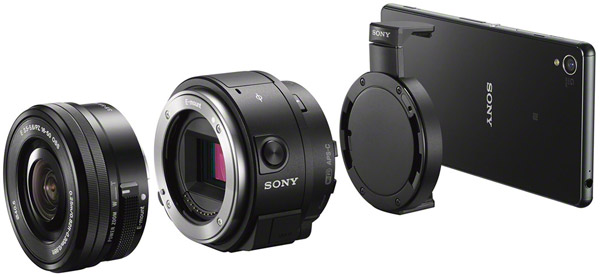 Sony QX1 Review -- exploded view of system with 16-50mm EZ lens and Xperia Z2 smartphone