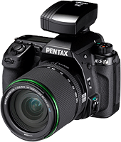Pentax's K-5 digital SLR with O-GPS1 GPS accessory. J.D. Power ranked Pentax as the best manufacturer for online purchases.