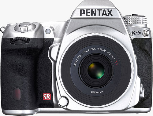 Pentax's flagship K-5 digital SLR in limited-edition silver body color. J.D. Power has singled out Pentax's DSLRs as the most likely to satisfy online purchasers. Photo provided by Pentax. Click for a bigger picture!