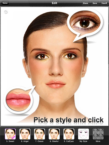 Perfect365 includes the ability to apply virtual 'makeup'. (iPad version shown.) Image provided by ArcSoft Inc. Click for a bigger picture!