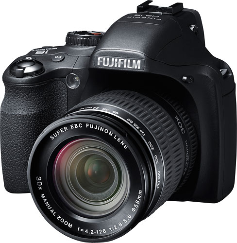 Like its sibling, the Fuji HS25EXR has a 30x optical zoom lens. Image provided by Fujifilm North America Corp. Click for a bigger picture!