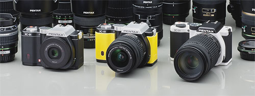 Pentax's K-01 compact system camera is available in a selection of three body colors. Photo provided by Pentax Ricoh Imaging Co. Ltd. Click for a bigger picture!