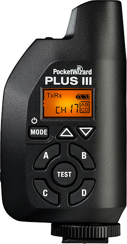 The PocketWizard Plus III transceiver. Photo provided by LPA Design Inc. Click for a bigger picture!