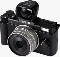 The Pentax Q compact system camera with optional viewfinder accessory. Click to read our full Pentax Q review!