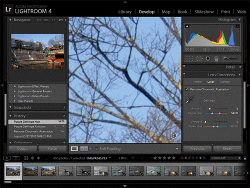 The new defringing controls in Lightroom 4.1 Release Candidate 2. Screenshot copyright &copy; 2012, Imaging Resource. All rights reserved. Click for a bigger picture!