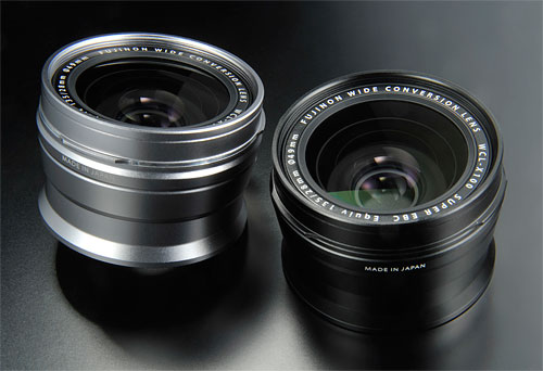 The WCL-X100 Wide Conversion Lens in both silver and black versions. Photo provided by Fujifilm Corp. Click for a bigger picture!