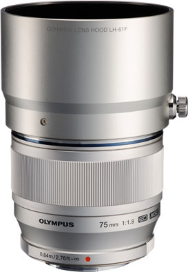 No hood is included with the  Olympus M.ZUIKO DIGITAL ED 75mm f1.8 lens, but a metal hood is available as an optional extra, as is a metal lens cap. Photo provided by Olympus Corp.