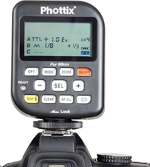 Phottix's Odin TTL wireless flash strobe includes a transmitter, shown on hotshoe. Photo provided by Phottix.  Click for a bigger picture!