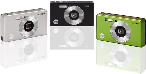 The Ricoh PX digital camera, shown in silver, black, and green variants. Photo provided by Ricoh Co. Ltd. Click for a bigger picture!
