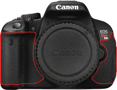 The rubber handgrips of the Canon T4i--indicated with a red line--can discolor after brief use, and potentially cause an allergic reaction in sensitive individuals. Image provided by Canon.