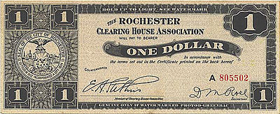 A 1933 Rochester Clearing House Association scrip note. Courtesy of DepressionScrip.com. Click to visit DepressionScrip.com!