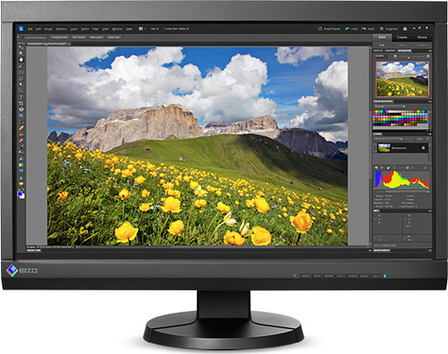 The Eizo ColorEdge CS230 monitor is one of three new displays that can keep its externally-generated calibration current thanks to a built-in, automatically-deployed  SelfCorrection sensor that works even when the display is switched off. Photo provided by Eizo. Click for a bigger picture!