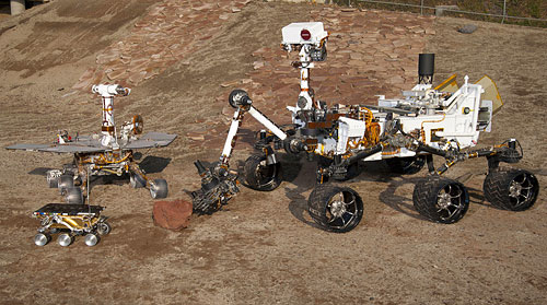 The latest generation rover is a lot larger than its predecessors, as demonstrated by this family photo on the JPL's Mars Yard test area. In the left foreground is the flight spare for the first Mars rover, Sojourner (1997). Behind is a Mars Exploration Rover Project test rover, similar to Spirit and Opportunity (2004). At right is a Mars Science Laboratory test rover similar to the current Curiosity. Photo provided by NASA/JPL-Caltech. Click for a bigger picture!